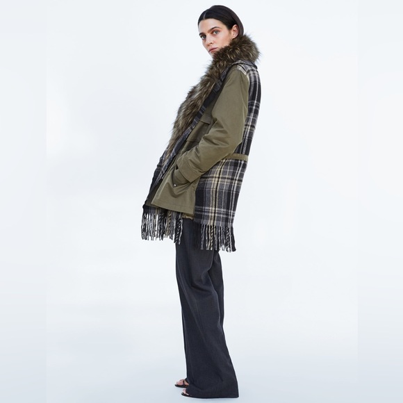 ZARA CONTRAST CHECKED FAUX FUR PARKA COAT JACKET NEW WITH TAGS SIZE XS KHAKI - Picture 6 of 13